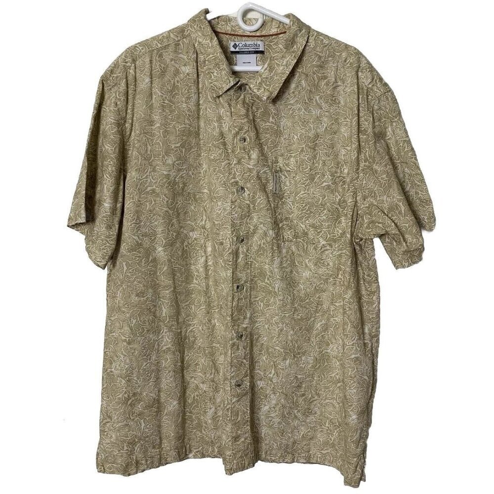 Columbia Men’s 2XL Tan Khaki Fish Batlik Button Shirt Cotton Pocket